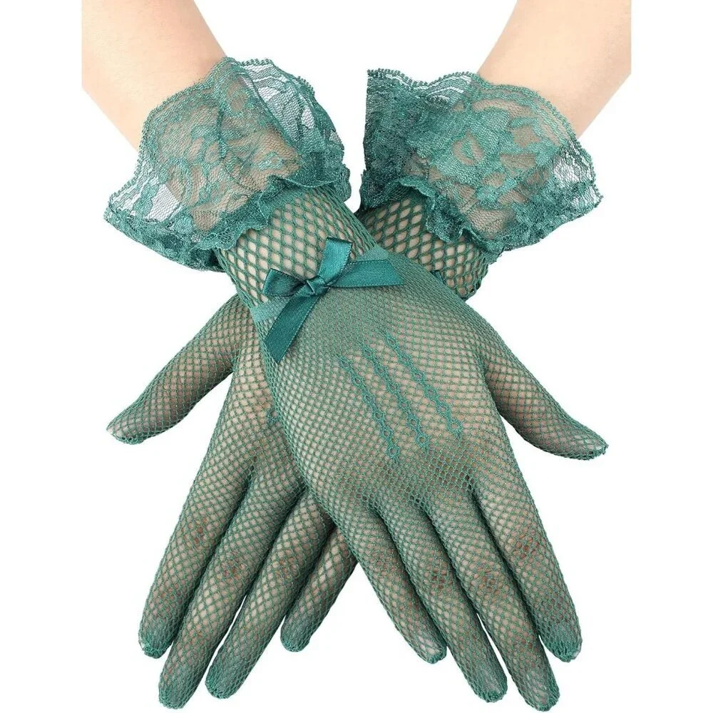 Women's Elegant Green Short Bow Style Lace Gloves Dinner Wedding Party Prom